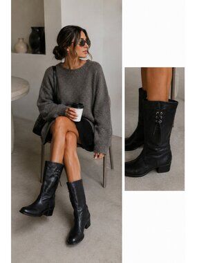 Formentini Vera Pelle Black Leather Mid Calf Boots US 8.5  Italy Block Heel